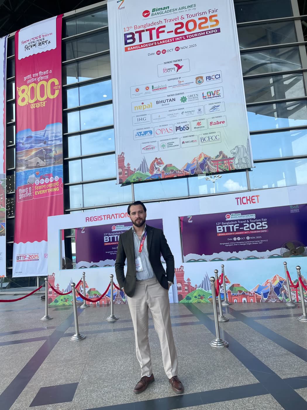Arif Hussain at the entrance of the 13th Bangladesh Travel & Tourism Fair, BTTF 2025